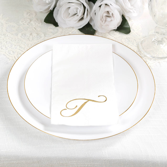 100 Paper Dinner Napkins White with Gold Foil Monogram