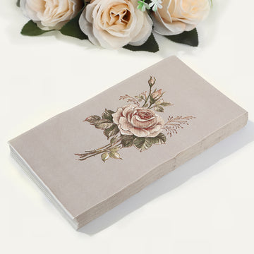 20 Pack Vintage Pink Ivory Rose Print Disposable Napkins, Soft 2-Ply Elegant Garden Party Style Paper Dinner Napkins