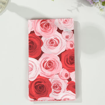 50 Pack Red Pink Rose Floral Design Disposable Paper Napkins, Soft 2-Ply Elegant Floral Garden Dinner Napkins