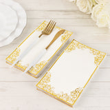 50 Pack White Soft Disposable Party Napkins with Gold Foil Lace Design, 2 Ply European Style Dinner Paper Napkins - 8"x4"