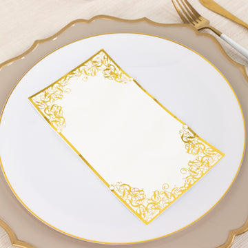 50 Pack White Soft Disposable Party Napkins with Gold Foil Lace Design, 2 Ply European Style Dinner Paper Napkins - 8"x4"