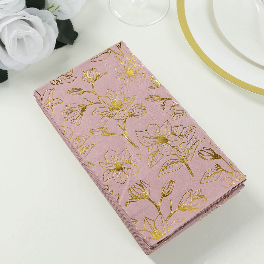 50 Pack Dusty Rose 2-Ply Paper Party Napkins with Gold Magnolia Flowers Print