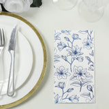 50 Pack White 2-Ply Paper Party Napkins with Blue Magnolia Flowers Print