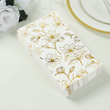 50 Pack White 2-Ply Paper Party Napkins with Gold Magnolia Flowers Print, Highly Absorbent Soft Disposable Dinner Napkins