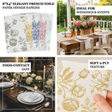 Elegant French toile paper dinner napkins for weddings and events. Soft 2-ply texture.
