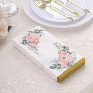 Elegant White Pink Peony Flowers Print Disposable Party Napkins with Gold Edge
