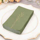 50 Pack Olive Green 2 Ply Paper Dinner Napkins with Gold Embossed Leaf, Soft Disposable Wedding