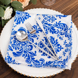 5 Pack Royal Blue White Damask Flocking Taffeta Napkins, Decorative Cloth Napkins