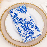 5 Pack Royal Blue White Damask Flocking Taffeta Napkins, Decorative Cloth Napkins