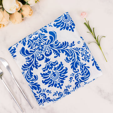 5 Pack Royal Blue White Damask Flocking Taffeta Napkins, Decorative Cloth Napkins for Weddings and Events - 20"x20"