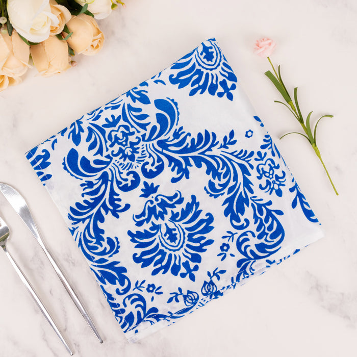 5 Pack Royal Blue White Damask Flocking Taffeta Napkins, Decorative Cloth Napkins