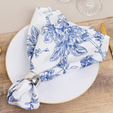 5 Pack White Blue French Toile Polyester Cloth Napkins, 20x20 Floral Reusable Dinner Table Linens