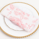 5 Pack 20x20 Pink French Toile Polyester Cloth Napkins, White Floral Reusable Dinner Table Linens