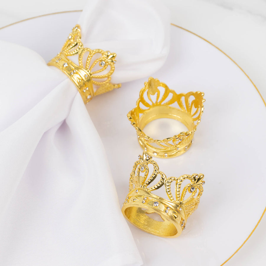 4 Pack | Metallic Gold Crown Rhinestone Napkin Rings, Royal Bling Napkin Holders