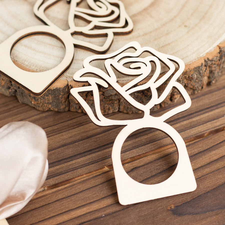 10 Pack | 4inch Natural Wood Laser Cut Rose Design Rustic Napkin Rings