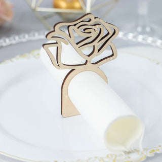 Transform Your Table with the Rustic Charm of our Natural Wood Laser Cut Rose Design Napkin Rings