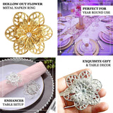 4 Pack Gold Metal Hollow Sun Flower Napkin Rings, Modern Flower Shaped Napkin Bands