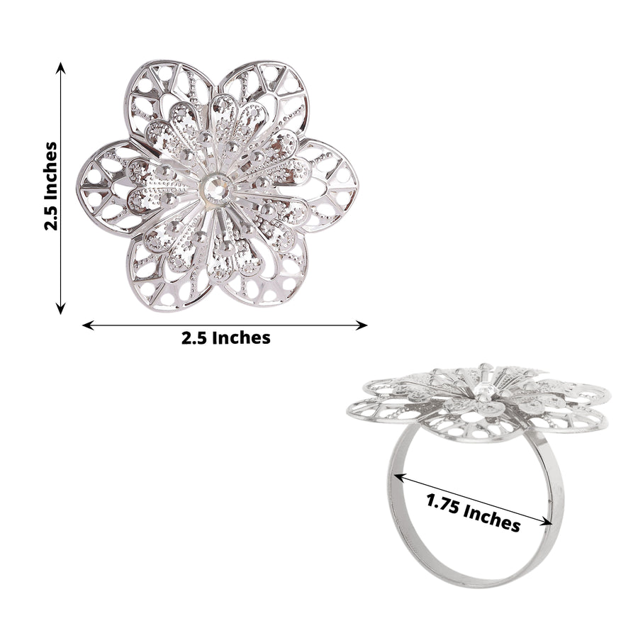 4 Pack Silver Metal Hollow Sun Flower Napkin Rings, Modern Flower Shaped Napkin Bands