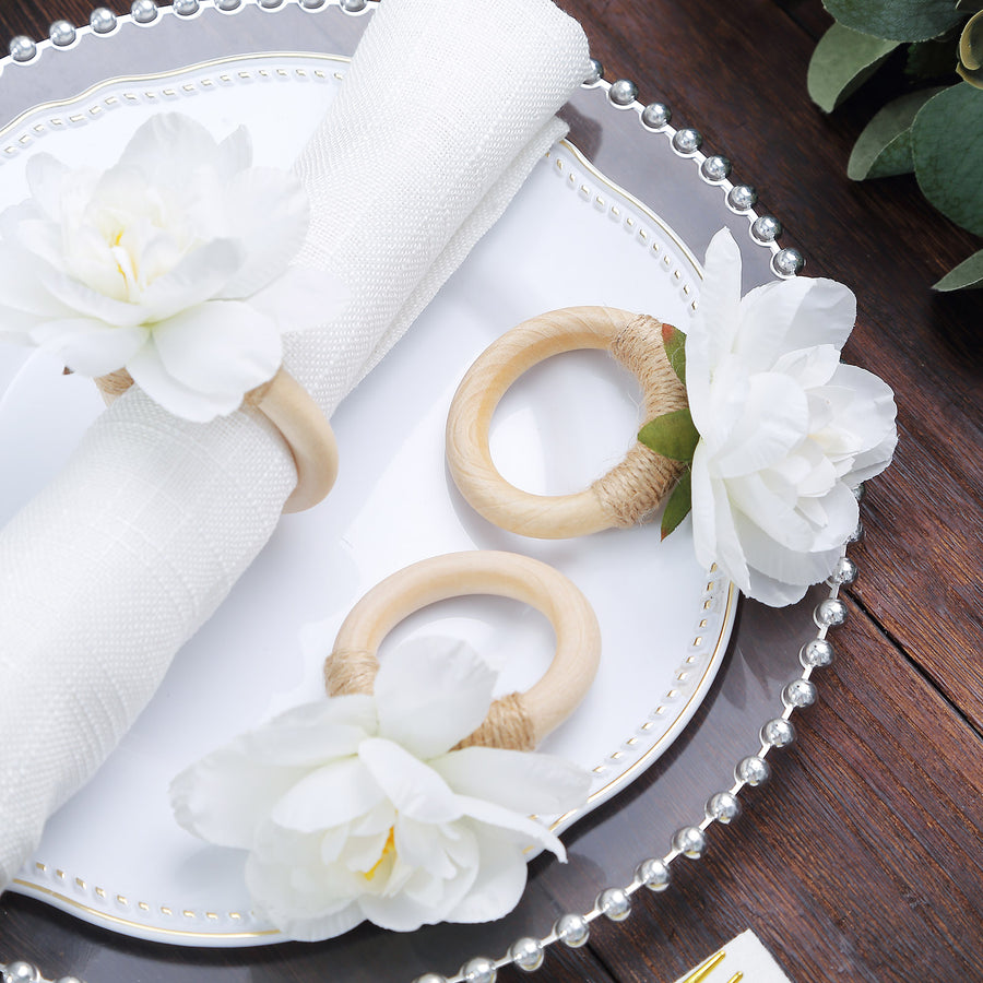 4 Pack White Silk Jasmine Flower Napkin Rings with Wooden Holder, Rustic Boho Serviette Buckles