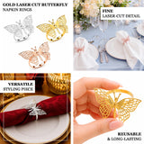 Butterfly laser cut napkin rings in gold, silver and rose gold for table decor