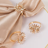 4 Pack Amber Gold Daisy Floral Metal Napkin Holders with Rhinestone Accents, Decorative Napkin Rings