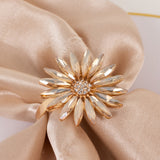 4 Pack Amber Gold Daisy Floral Metal Napkin Holders with Rhinestone Accents, Decorative Napkin Rings