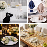 Elegant napkin ring table settings with candles, flowers, and dinnerware