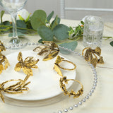 8 Pack Glossy Gold Metal Leaf Napkin Rings, Vintage Herb Napkin Holders