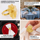 4 Pack Gold Metal Jasmine Flower Napkin Holders with Pearl Center, Decorative Floral Napkin Ring