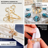 10-Pack 3inch Gold Butterfly Napkin Holders with Crystal Accents Decorative Napkin Rings Weddings