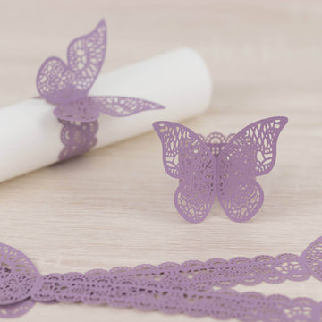 12 Pack Lavender 3D Butterfly Shimmery Paper Napkin Holders, Laser Cut Disposable Napkin Rings Bands with Lace Pattern