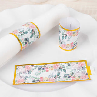 <strong>White Pink Peony Flowers Print Paper Napkin Rings </strong>