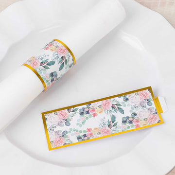 50 Pack Pink Peony Floral Paper Napkin Holder Bands with Gold Edge, Disposable Napkin Rings - 1.5"