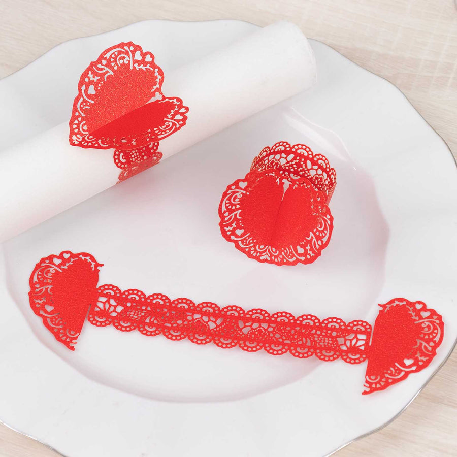 12 Pack Red Shimmery Laser Cut Heart Paper Napkin Holders Bands with Lace Pattern
