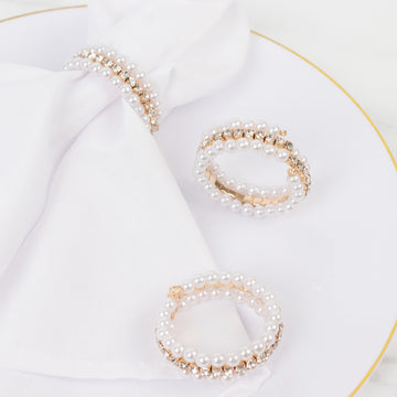 4-Pack White Pearl Rhinestone Napkin Holders, Elegant Round Napkin Rings - 2"