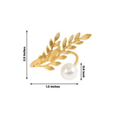 Gold Leaf Napkin Rings 10 Pack with White Pearl Accent – Metal Wheat Leaf Napkin Holders for Wedding