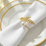 Gold Leaf Napkin Rings 10 Pack with White Pearl Accent – Metal Wheat Leaf Napkin Holders for Wedding
