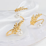 Gold Leaf Napkin Rings 10 Pack with White Pearl Accent – Metal Wheat Leaf Napkin Holders for Wedding