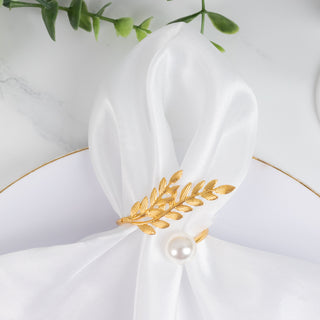 Gold Leaf Napkin Rings 10 Pack with White Pearl Accent – Metal Wheat Leaf Napkin Holders for Wedding