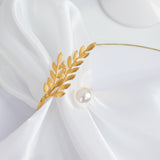 Gold Leaf Napkin Rings 10 Pack with White Pearl Accent – Metal Wheat Leaf Napkin Holders for Wedding