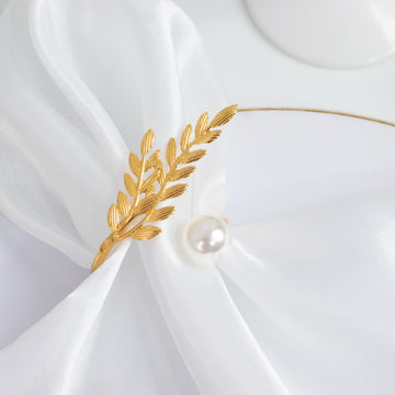 Gold Leaf Napkin Rings 10 Pack with White Pearl Accent – Metal Wheat Leaf Napkin Holders for Wedding Table Décor - 1.5"