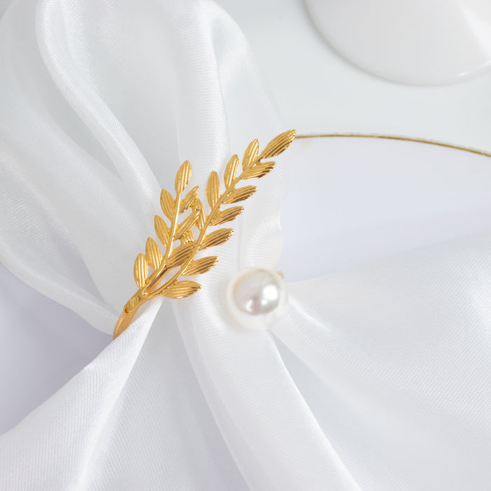 Gold Leaf Napkin Rings 10 Pack with White Pearl Accent – Metal Wheat Leaf Napkin Holders for Wedding