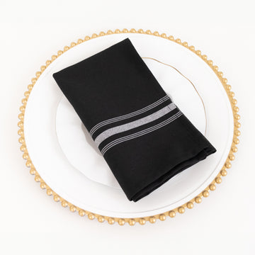 10 Pack Black Spun Polyester Cloth Napkins with White Reverse Stripes, Premium Restaurant Quality Bistro Napkins - 18"x22"