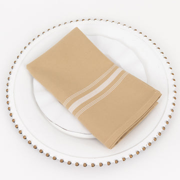 10 Pack Champagne Spun Polyester Cloth Napkins with White Reverse Stripes, Premium Restaurant Quality Bistro Napkins - 18"x22"