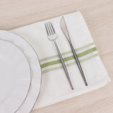 10 Pack White Spun Polyester Cloth Napkins with Sage Green Reverse Stripes