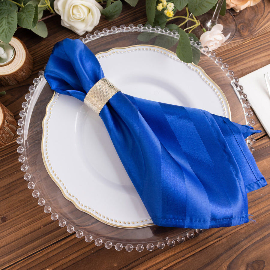 5 Pack Royal Blue Striped Satin Linen Napkins, Wrinkle-Free Reusable Wedding Napkins