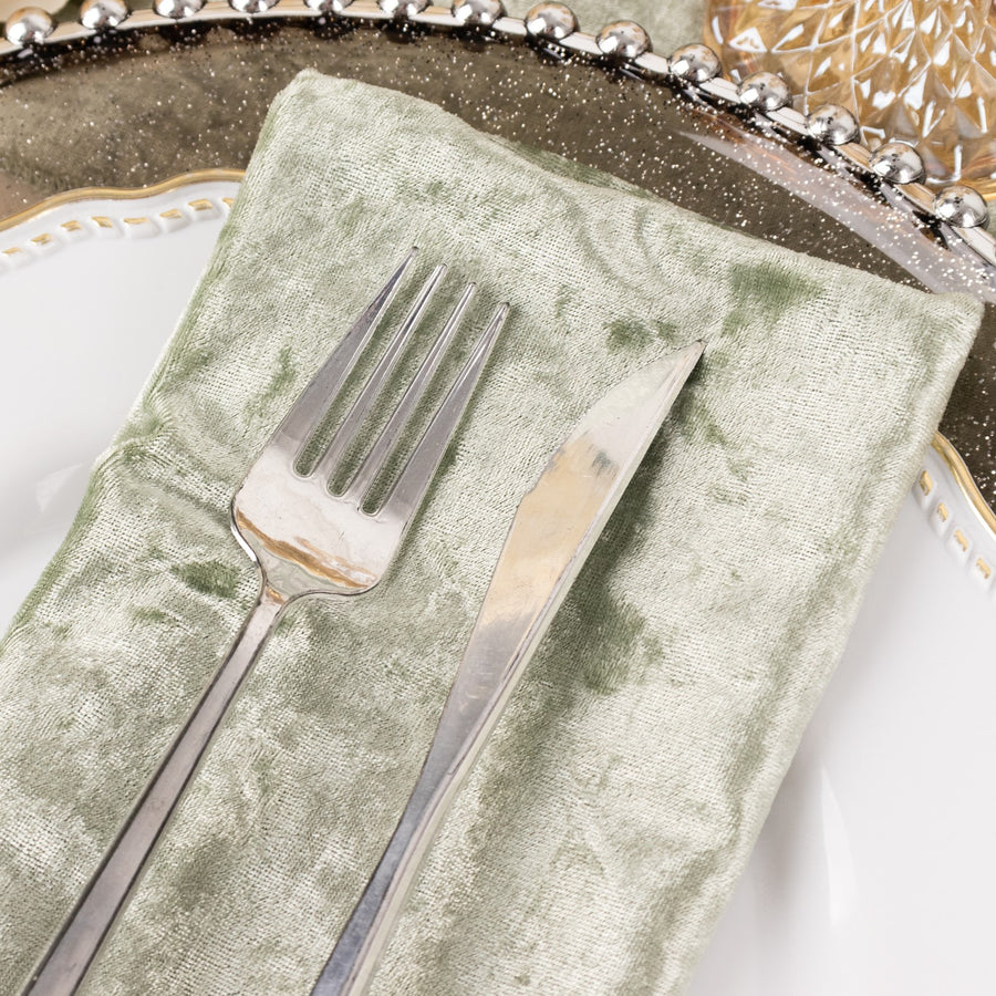 5 Pack Sage Green Premium Crushed Velvet Linen Napkins, Decorative Soft Cloth Dinner Napkins