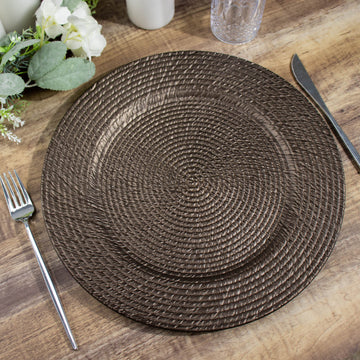 6 Pack 13" Natural Brown Rattan-Like Disposable Round Charger Plates, Acrylic Plastic Dinner Serving Plates