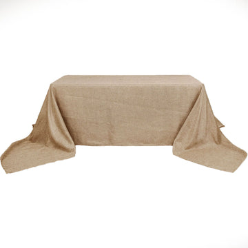 90"x156" Natural Jute Seamless Faux Burlap Rectangular Tablecloth Boho Chic Table Linen for 8 Foot Table With Floor-Length Drop