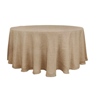 Elevate Your Event with the Natural Jute Seamless Faux Burlap Round Tablecloth